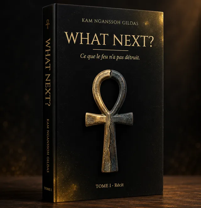 Rendu 3D de la couverture de WHAT NEXT ? Tome I — Ce que le feu n'a pas détruit, avec croix ankh dorée et argentée